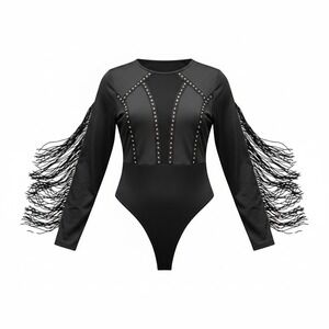 SweatyRocks Black Fringe Studded Mesh Long Sleeve Bodysuit XL Western Edgy